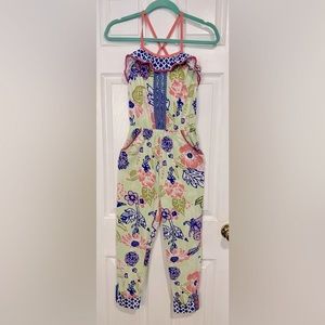 Matilda Jane Girls green purple pink floral halter jersey knit jumpsuit size 8